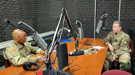 New York Air National Guard Command Chief Master Sgt. Denny Richardson, left, speaks with Col. Rob Donaldson, the vice commander of the New York Air National Guard’s 109th Airlift Wing, March 23, 2021, at Stratton Air National Guard Base near Schenectady in the first episode of his podcast, “Journeys Through Leadership.” Richardson, the senior enlisted leader for the New York Air National Guard, plans to use the podcast so Airmen of all ranks and experience can share their stories with others in the force.