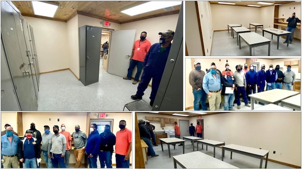 IN THE PHOTOS, a team of mechanics, electricians, carpenters, pipefitters, HVAC technicians, and revetment workers all got together to completely renovate the Tractor Shop’s breakroom, literally from the ground up. These are the before photos of the breakroom.