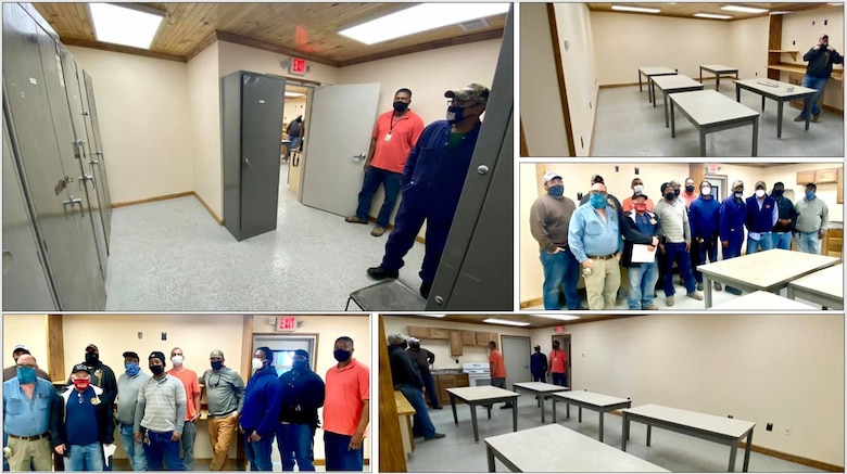 IN THE PHOTOS, a team of mechanics, electricians, carpenters, pipefitters, HVAC technicians, and revetment workers all got together to completely renovate the Tractor Shop’s breakroom, literally from the ground up. These are the before photos of the breakroom.