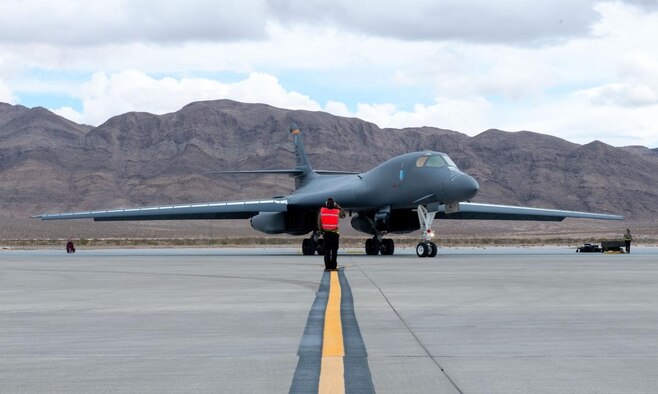 A 28th Bomb Wing B-1B Lancer taxis to the runway during a Red Flag exercise at Nellis AFB, Nev., March 12, 2021.