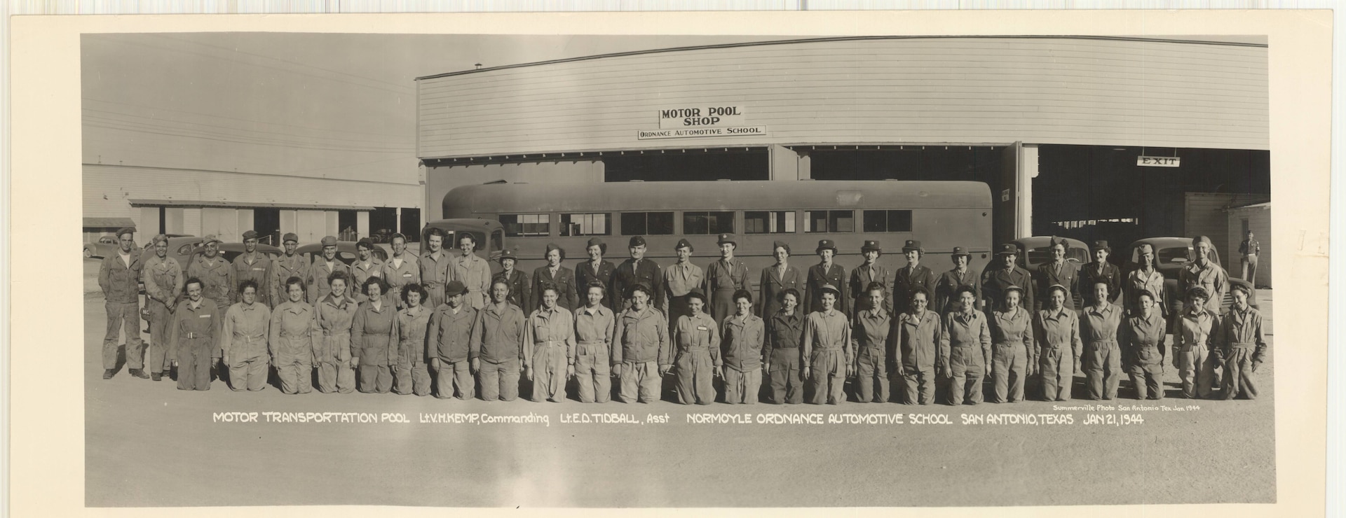 Men and women of the Normoyle Ordnance Automotive School pause for a photograph, Jan. 21, 1944, at Kelly Field, Texas. The women pictured were part of a workforce locally known as “Kelly Katies”; women recruited to fill non-traditional jobs during World War II. (Courtesy photo)