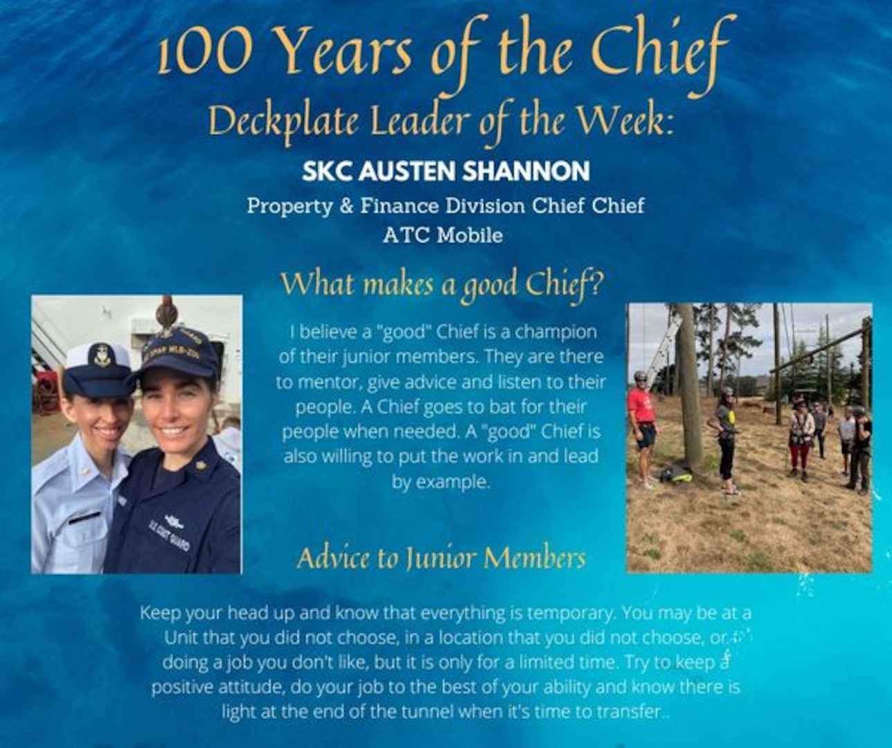 Our deckplate leader of the week is Chief Petty Officer Austen Shannon, a storekeeper from U.S. Coast Guard Aviation Training Center Mobile!