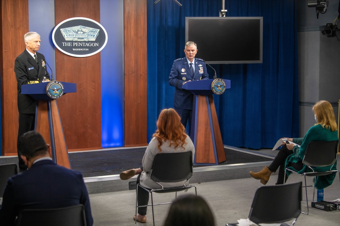 U.S. Southern Command commander, Adm. Craig Faller and U.S. Northern Command and North American Aerospace Defense Command, commander Gen. Glen D. VanHerck conduct a joint press briefing from the Pentagon.