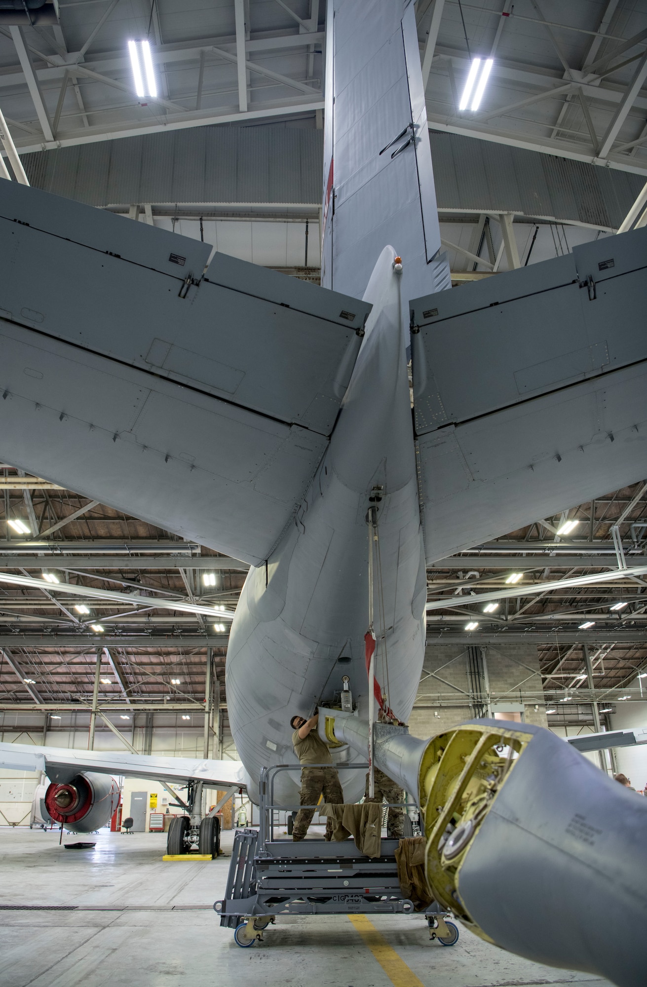 Airmen assigned to the 434th Aircraft Maintenance Squadron work together to repair one of the base’s many KC-135R Stratotankers, March 13, 2012, Grissom Air Reserve Base, Indiana. The 434th AMS is responsible for maintaining the aircraft here at Grissom and ensuring the continuation of the refueling mission. (U.S. Air Force photo by Staff Sgt. Alexa Culbert)