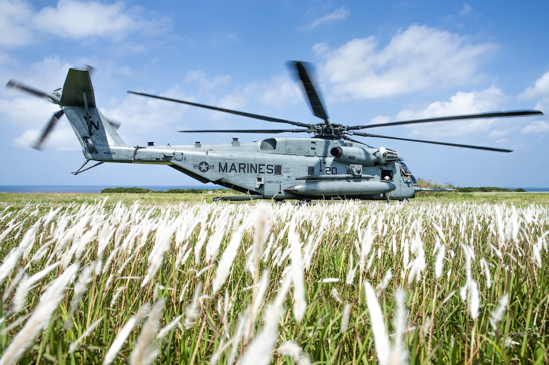 A 1st Marine Aircraft Wing CH-53E Super Stallion departs extracts Marines with 3d Marine Division during Castaway 21.1 at Ie Shima, Okinawa, Japan, March 16.