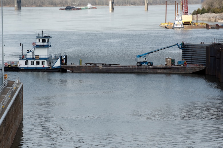 A construction crew with Johnson Brothers Construction perform spot welds March 22, 2021 on a steel sheet pile on the completed cofferdam at the Kentucky Lock Addition Project on the Tennessee River in Grand Rivers, Kentucky. The U.S. Army Corps of Engineers Nashville District is constructing a new 110-foot by 1,200-foot navigation lock at the Tennessee Valley Authority project. (USACE Photo by Lee Roberts)