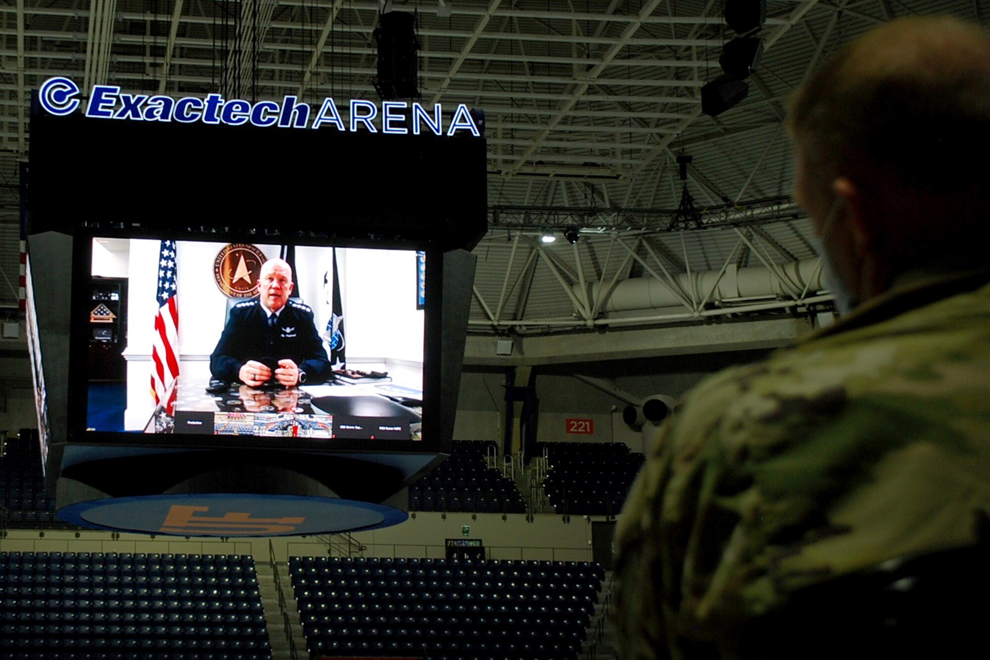 U.S. Space Force Gen. John W. “Jay” Raymond, Chief of Space Operations, virtually addresses University of Florida ROTC midshipmen and cadets from the Navy, Army and Air Force, March 23, 2021 at the University of Florida campus in Gainesville, Florida.