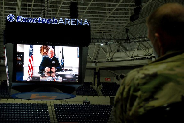 U.S. Space Force Gen. John W. “Jay” Raymond, Chief of Space Operations, virtually addresses University of Florida ROTC midshipmen and cadets from the Navy, Army and Air Force, March 23, 2021 at the University of Florida campus in Gainesville, Florida.