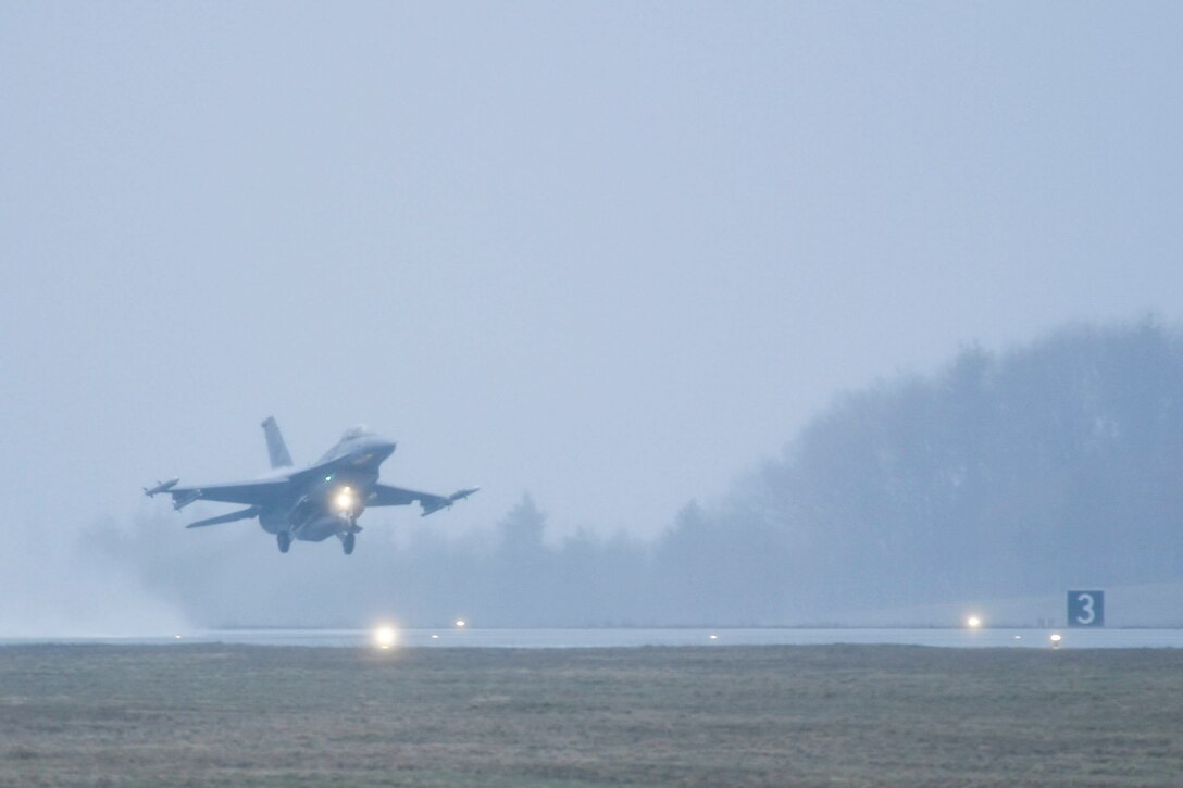 A U.S. Air Force F-16 Fighting Falcon aircraft from the 480th Fighter Squadron prepares to takes off for Exercise Agile Fury at Spangdahlem Air Base, Germany, March 11, 2021.