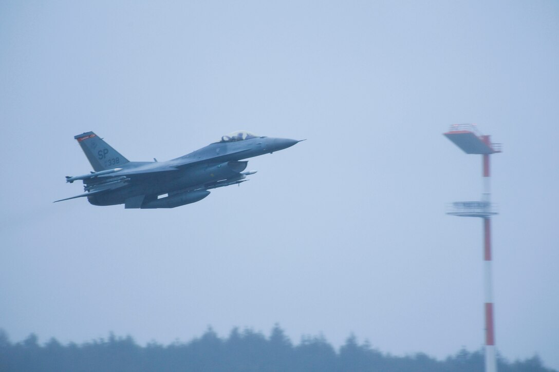 A U.S. Air Force F-16 Fighting Falcon aircraft from the 480th Fighter Squadron flies into action for Exercise Agile Fury at Spangdahlem Air Base, Germany, March 11, 2021.