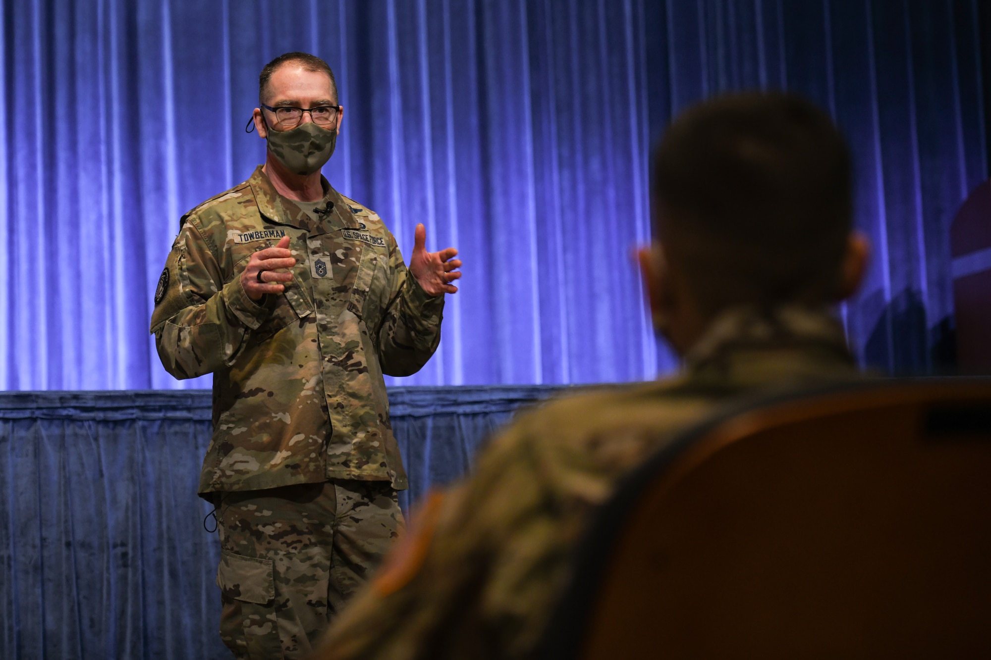 Chief Master Sgt. of the Space Force Roger A. Towberman speaks with Space Force personnel March 23, 2021, on Maxwell Air Force Base, Alabama. Towberman conducted an all-call with Space Force personnel currently stationed at Maxwell in order to update them on what he’s been working on as well as answer any questions they had.