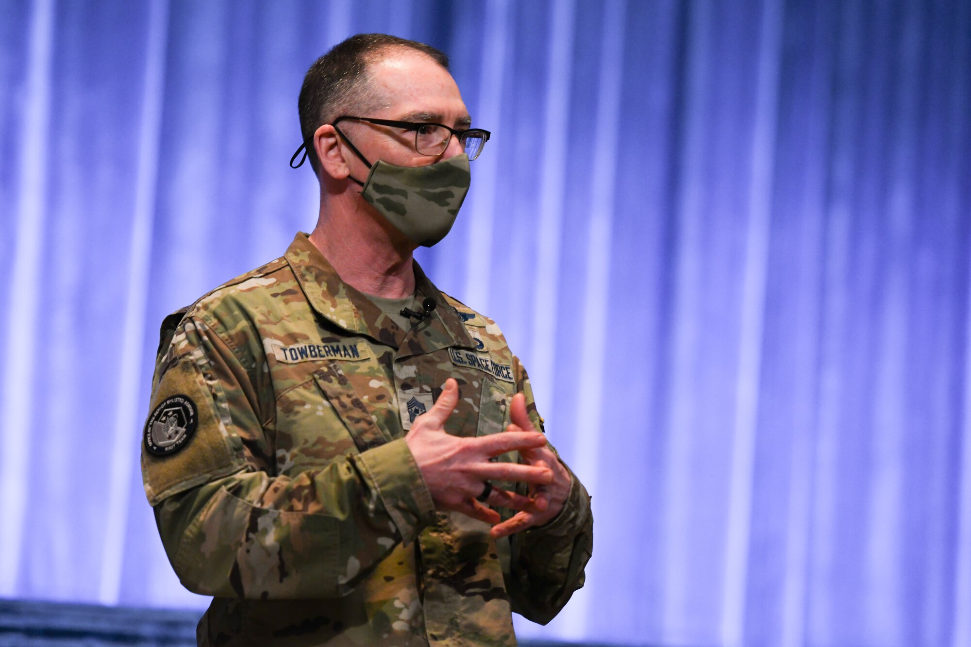 Chief Master Sgt. of the Space Force Roger A. Towberman speaks with Space Force personnel March 23, 2021, on Maxwell Air Force Base, Alabama. During his visit, Towberman toured Air University facilities and met with Space Force personnel currently stationed at Maxwell.