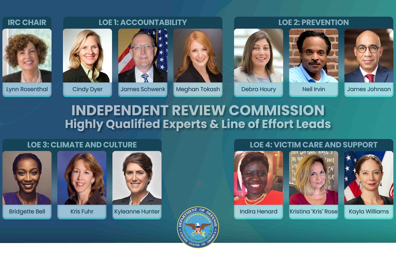 A graphic shows the 13 faces of individuals of the independent review commission.