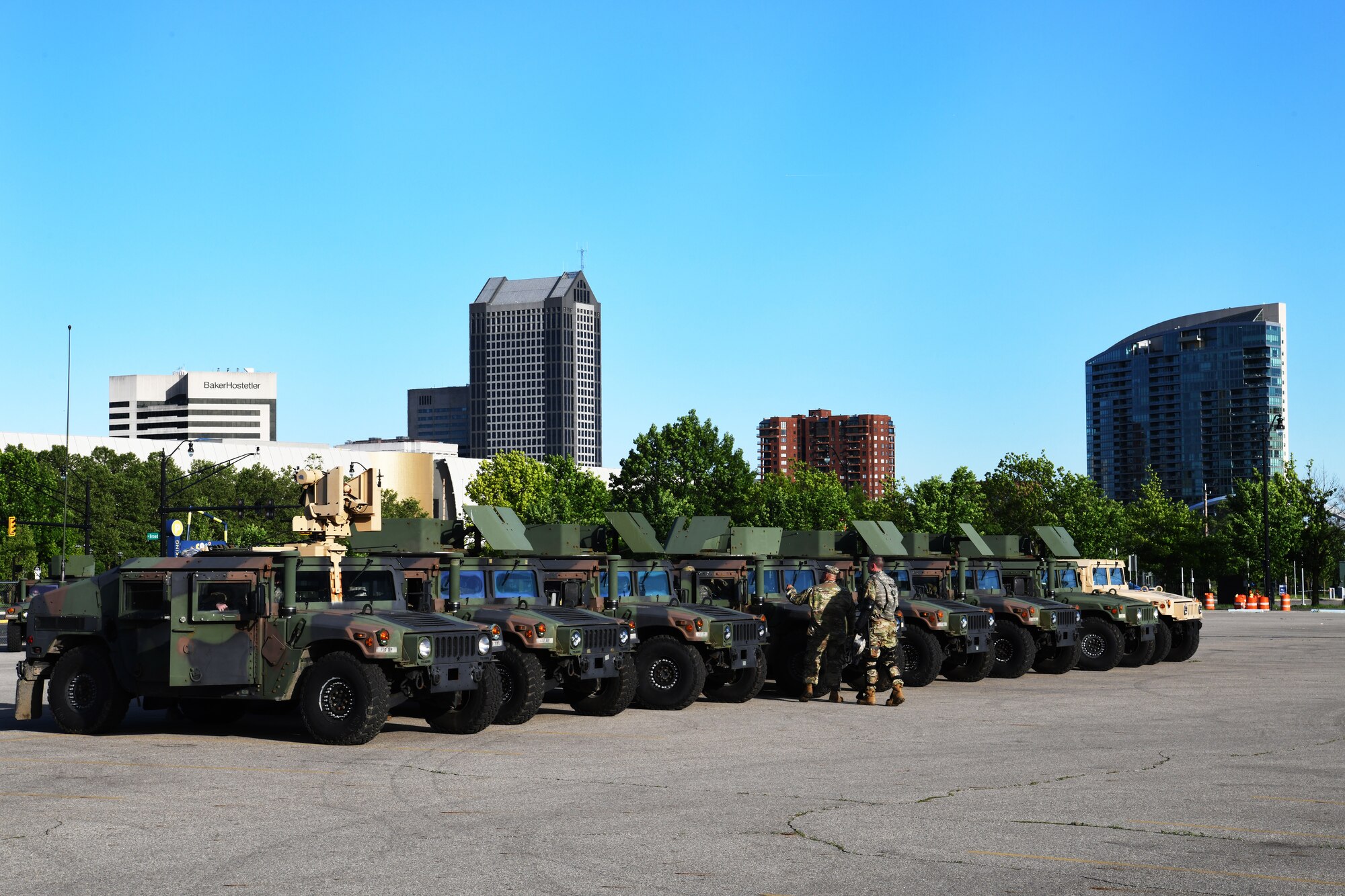 Ohio National Guard Humvees are staged in a parking lot in downtown Columbus, Ohio during ongoing protests, May 31, 2020. Gov. Mike DeWine activated the Guard to assist local law enforcement in Columbus and Cleveland with providing safety and protection to the community, while ensuring people’s right to gather and demonstrate peacefully.