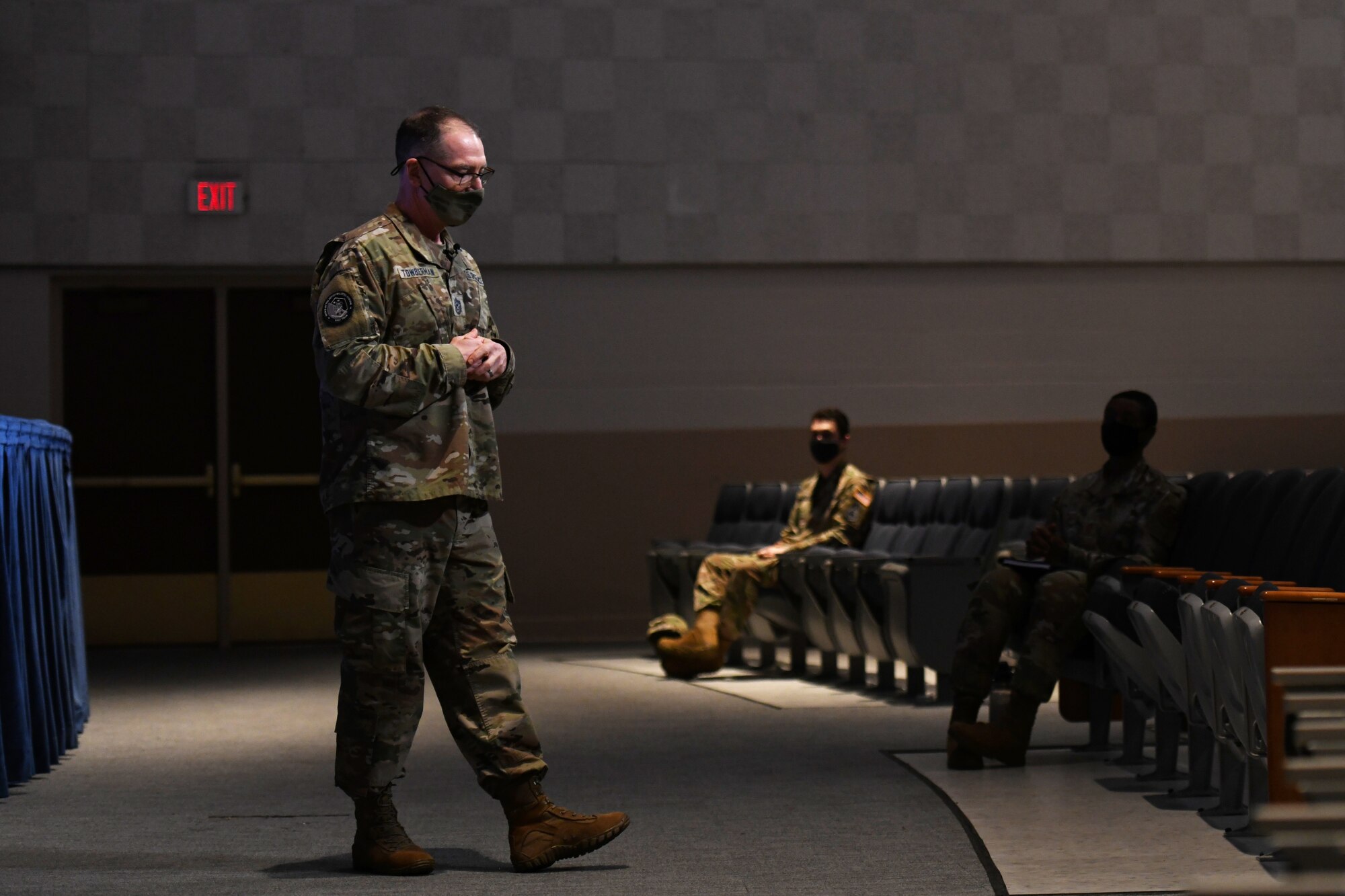 Chief Master Sgt. of the Space Force Roger A. Towberman speaks with Space Force personnel March 23, 2021, on Maxwell Air Force Base, Alabama. Towberman conducted an all-call with Space Force personnel currently stationed at Maxwell in order to update them on what he’s been working on as well as answer any questions they had.