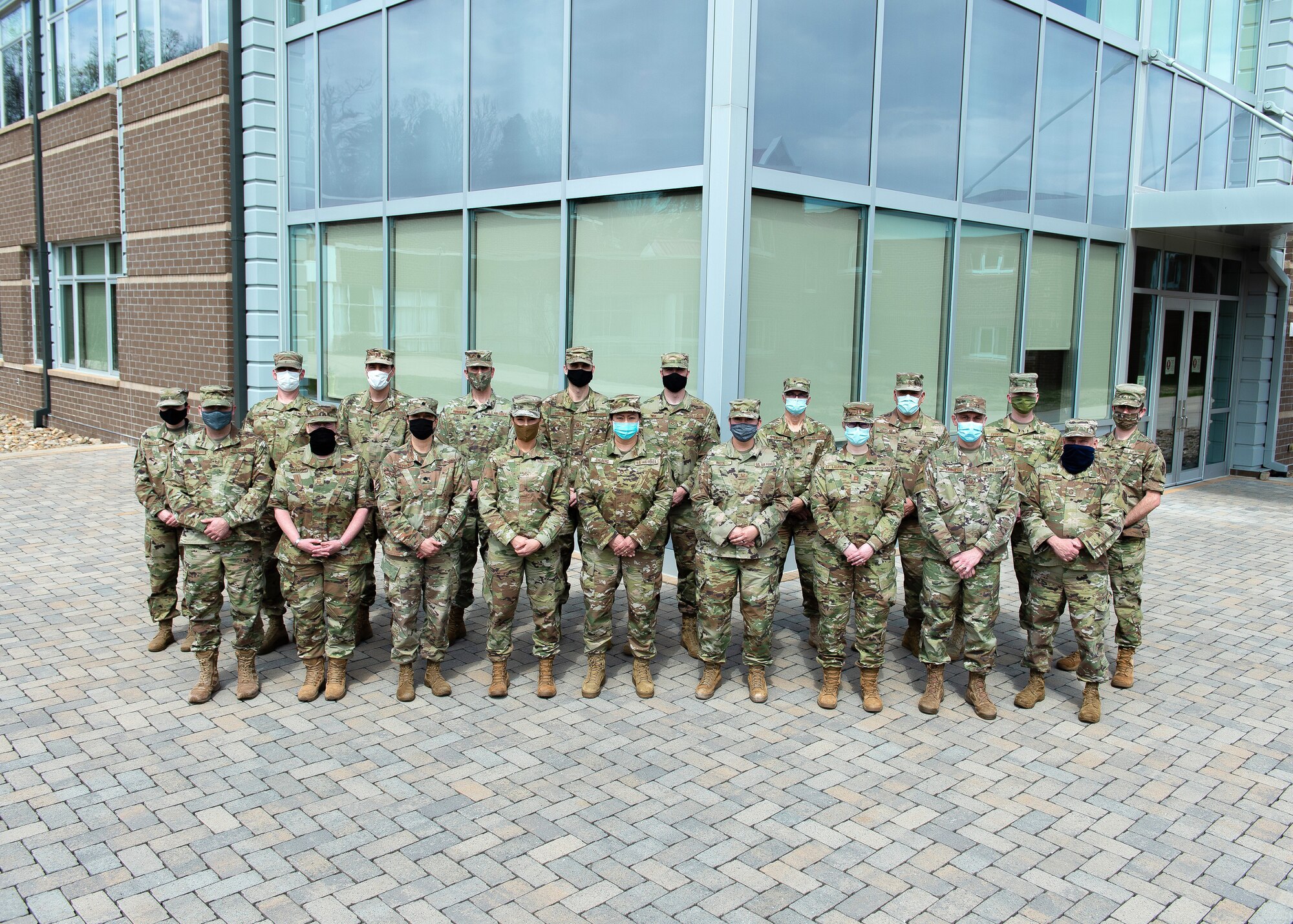 MCGHEE TYSON AIR NATIONAL GUARD BASE, Tenn. — U.S. Air Force Airmen enrolled in the Air National Guard Public Affairs Readiness Training Course take a class photo with their instructors at the I.G. Brown Training and Education Center campus, March 23, 2021, on McGhee Tyson Air National Guard Base in East Tennessee. (U.S. Air National Guard photo/Master Sgt. Mike R. Smith)