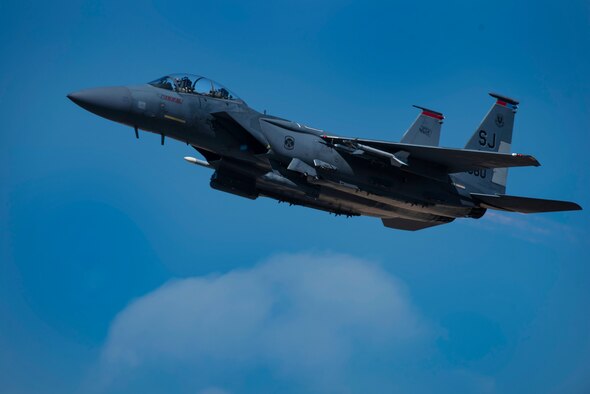 An F-15E Strike Eagle assigned to the 333rd Fighter takes off at Seymour Johnson Air Force Base, North Carolina, March 11, 2021.