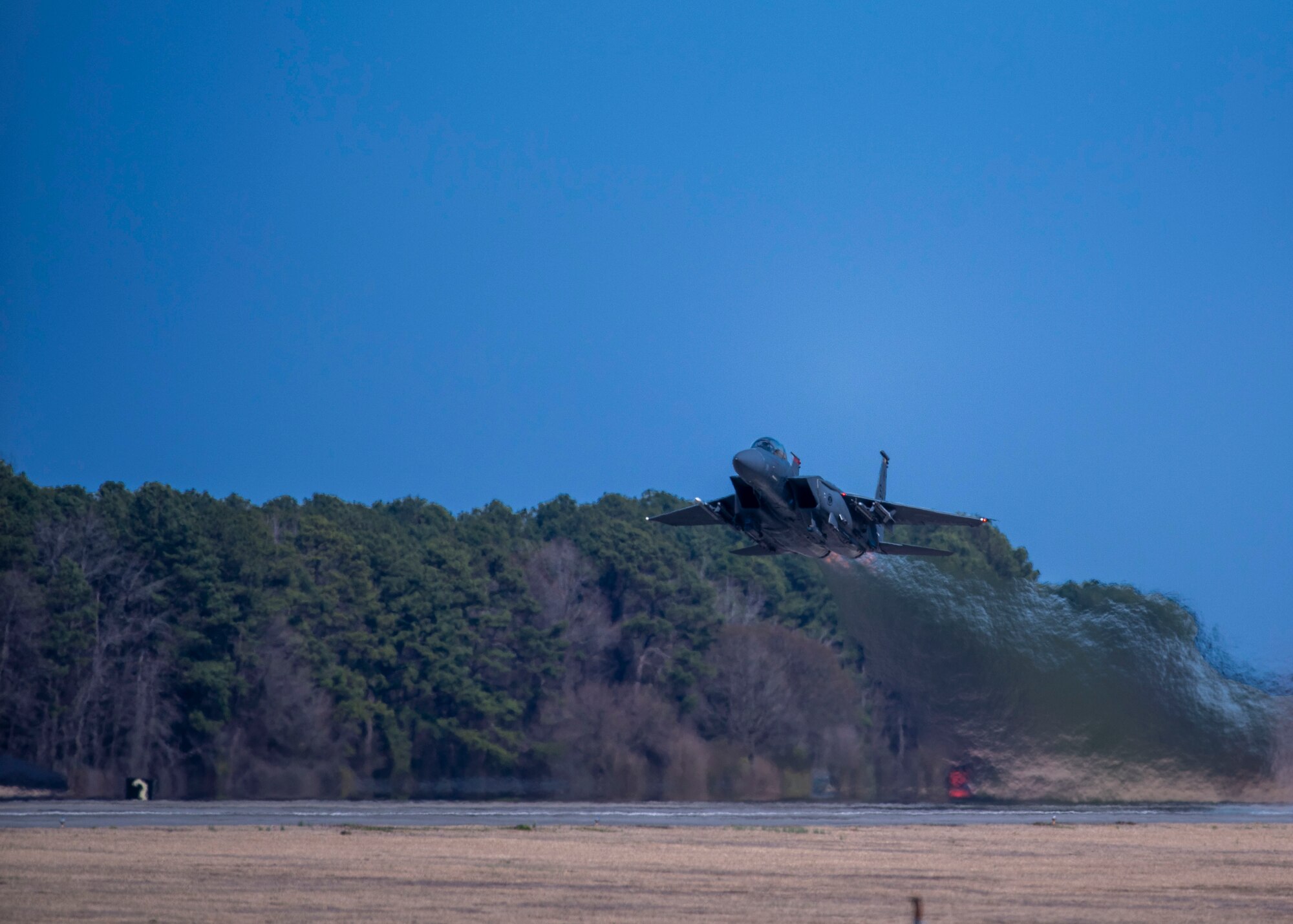 An F-15E Strike Eagle assigned to the 333rd Fighter takes off at Seymour Johnson Air Force Base, North Carolina, March 11, 2021.