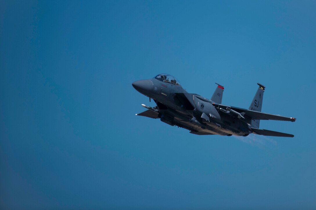 An F-15E Strike Eagle assigned to the 333rd Fighter takes off at Seymour Johnson Air Force Base, North Carolina, March 11, 2021.