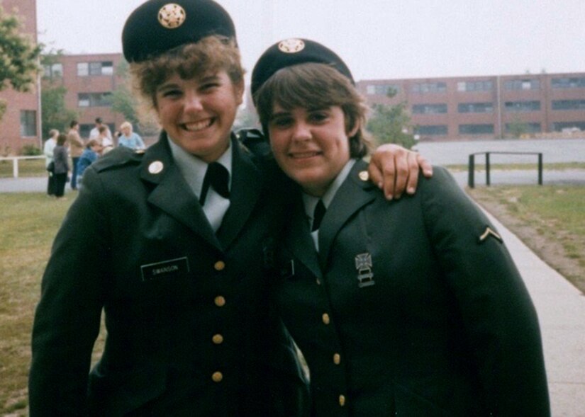 Then-Army Reserve Pvt. Cheryn L. Swanson (left), the future Brig. Gen. Cheryn L. Fasano, smiles for the camera with a battle buddy after her graduation from Basic Combat Training.