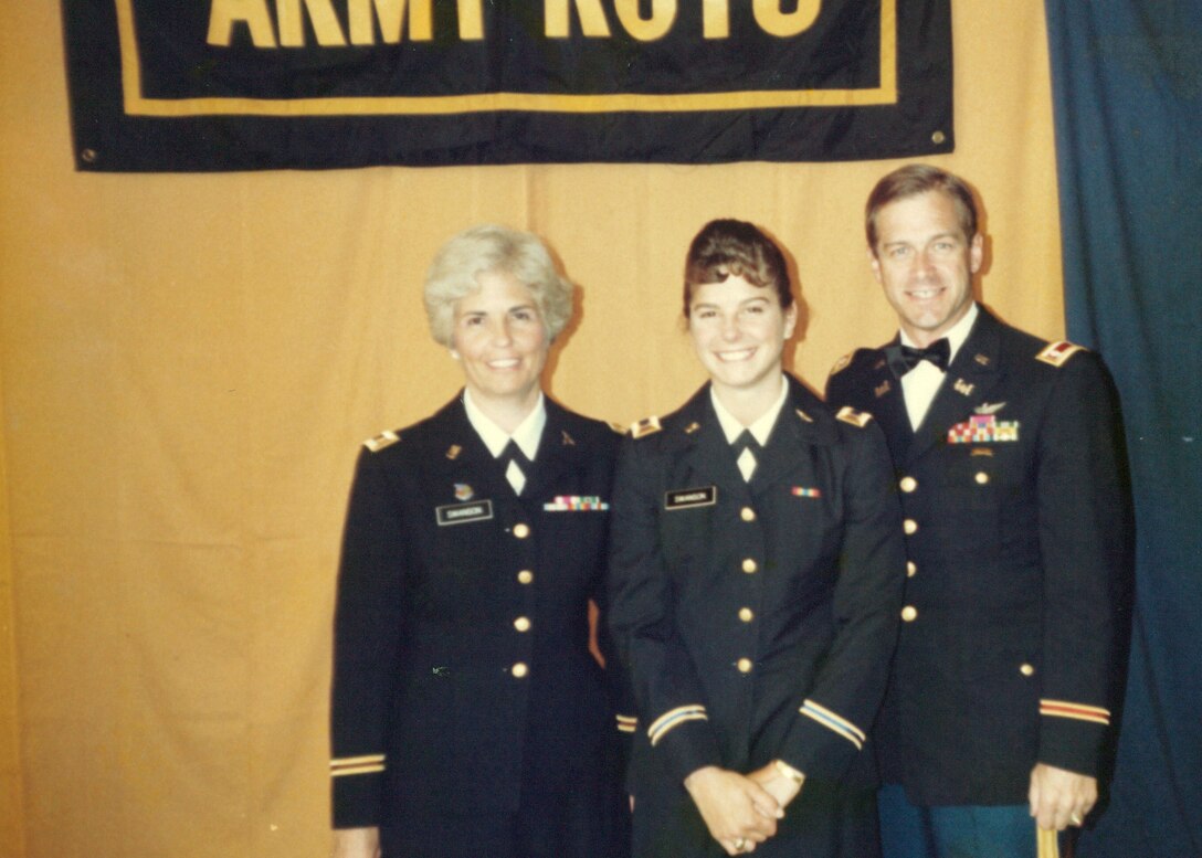 Then-2nd Lt. Cheryn L. Swanson, stands with her Army officer parents, Carol and Chuck, upon her May 1989 commissioning through the Indiana University-Perdue University Reserve Officer Training Corps program.