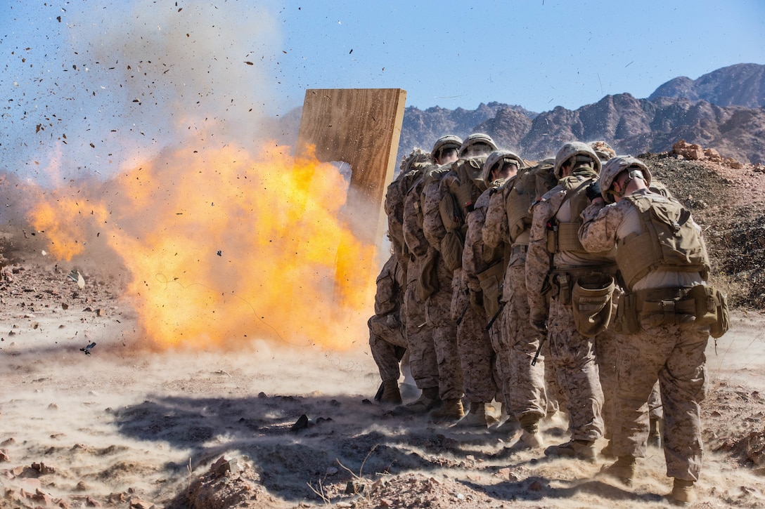 U.S. Marines breach a door during a demolition range in Jordan, March 6.