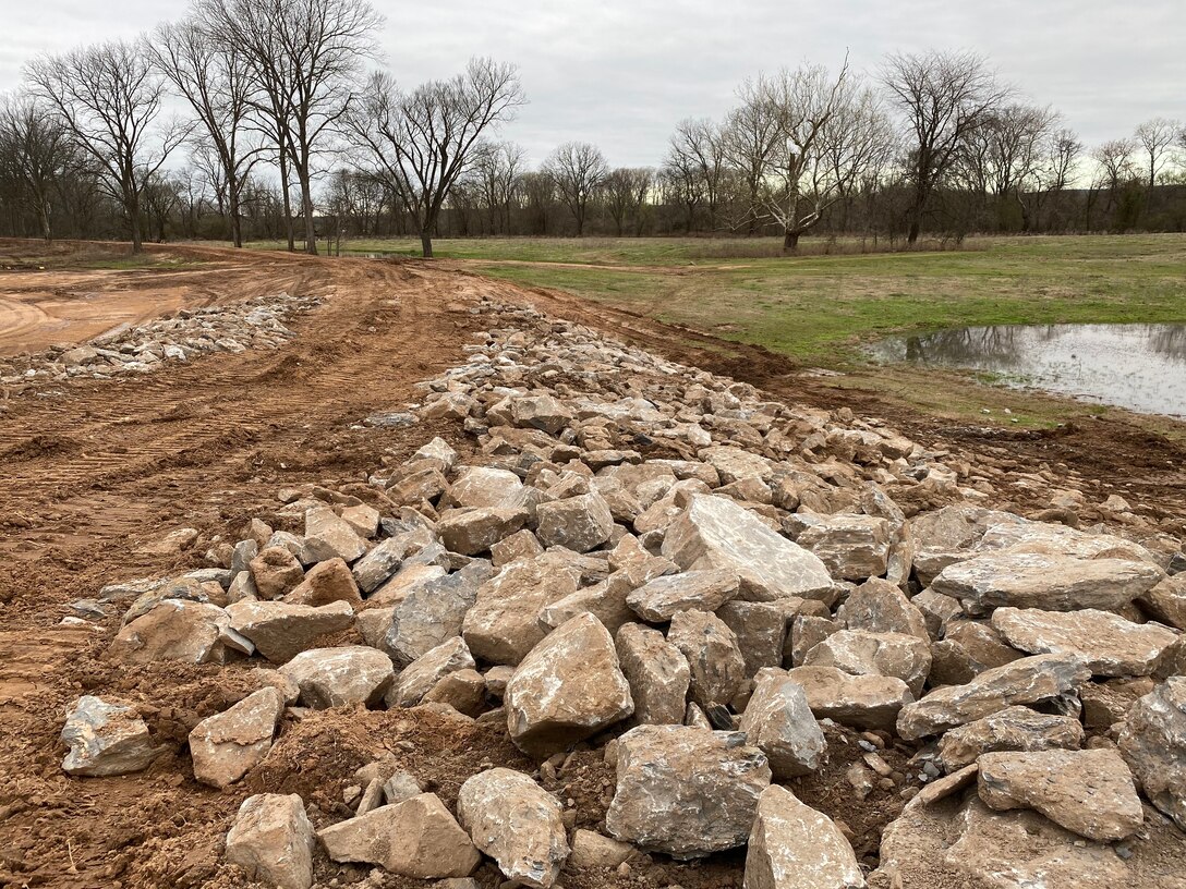 rock armoring along a levee