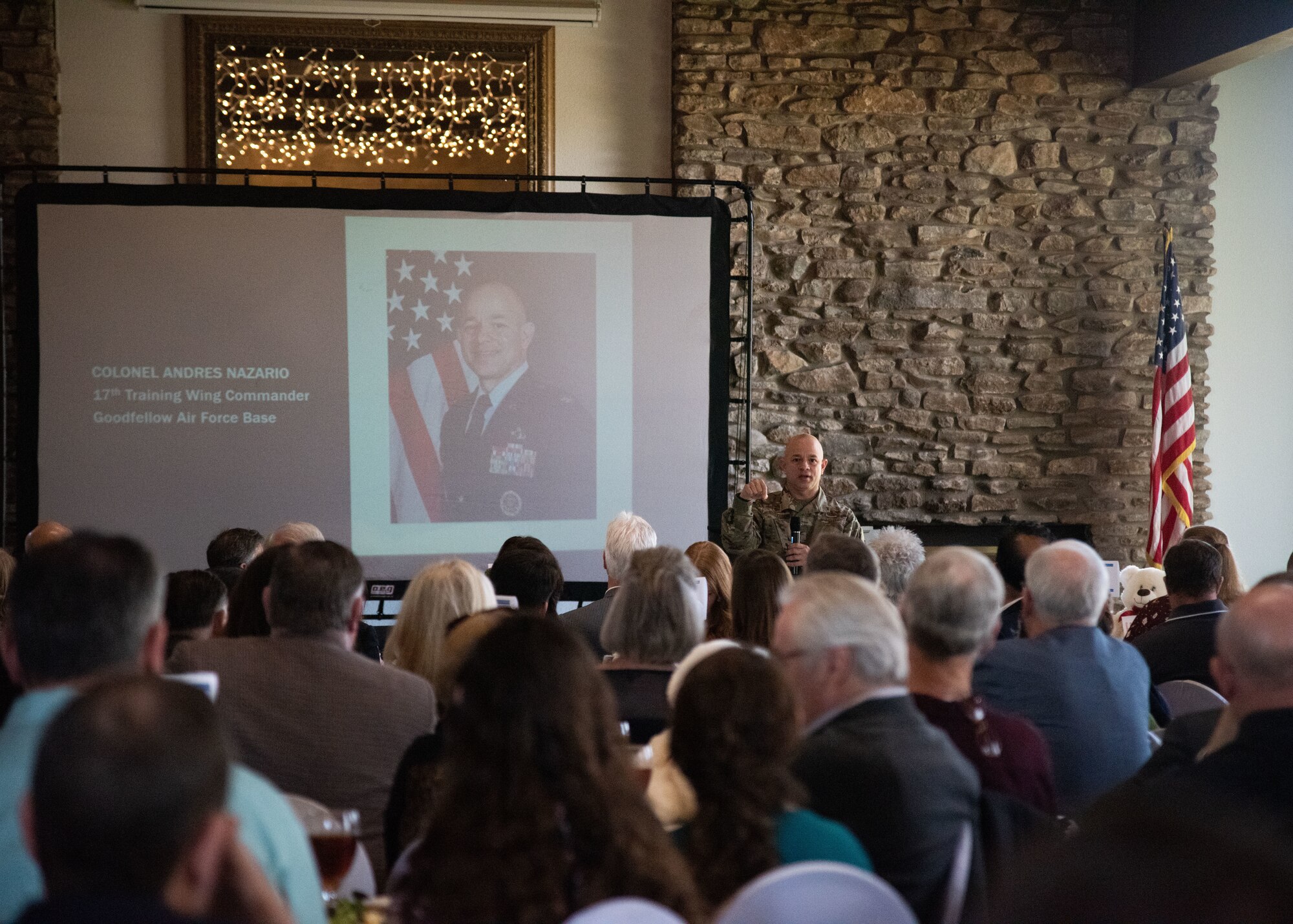 U.S. Air Force Col. Nazario, 17th Training Wing Commander, speaks at the monthly Chamber of Commerce update luncheon, held at the Bentwood Country Club, in San Angelo, Texas, March 23, 2021. During his address, Nazario talked about Goodfellow’s dedication to community relationships and partnerships. (U.S. Air Force photo by Staff Sgt. Tyrell Hall)