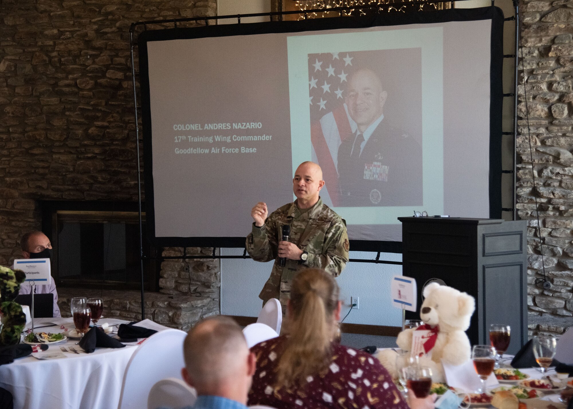 U.S. Air Force Col. Nazario, 17th Training Wing Commander, speaks at the monthly Chamber of Commerce update luncheon, held at the Bentwood Country Club, in San Angelo, Texas, March 23, 2021. At the luncheon, Nazario expressed his thanks for the support the San Angelo community has provided over the years. (U.S. Air Force photo by Staff Sgt. Tyrell Hall)