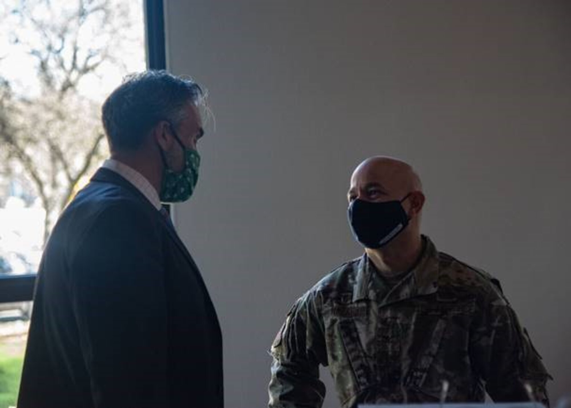 U.S. Air Force Col. Andres Nazario, 17th Training Wing commander, talks to Chamber of Commerce Chairman of the Board, Shane Plymell, at the monthly Chamber of Commerce address, held at the Bentwood Country Club, in San Angelo, Texas, March 23, 2021. At this event, Nazario highlighted his thankfulness for community partnerships and the support given by the city of San Angelo. (U.S. Air Force photo by Staff Sgt. Tyrell Hall)