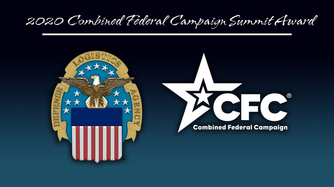 CFC logo with white stars and the DLA logo with an eagle, stars and stripes and the text: 2020 Combined Federal Campaign Summit Award