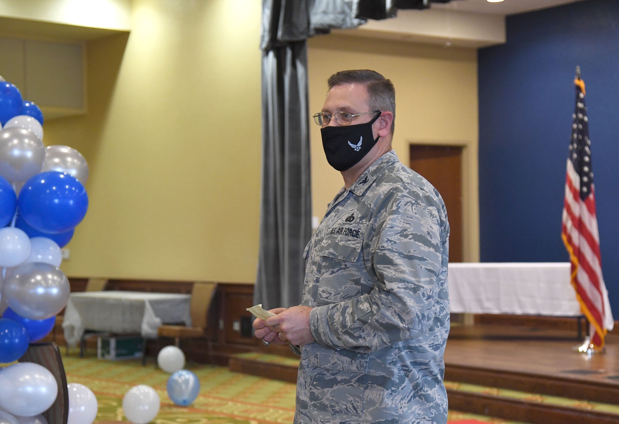 U.S. Air Force Col. James Kafer, 81st Training Wing vice commander, delivers remarks during the Senior Master Sergeant Promotion Release Ceremony inside the Bay Breeze Event Center at Keesler Air Force Base, Mississippi, March 19, 2021. Nine Airmen were recognized for their promotion to the rank of senior master sergeant during the release ceremony. (U.S. Air Force photo by Kemberly Groue)