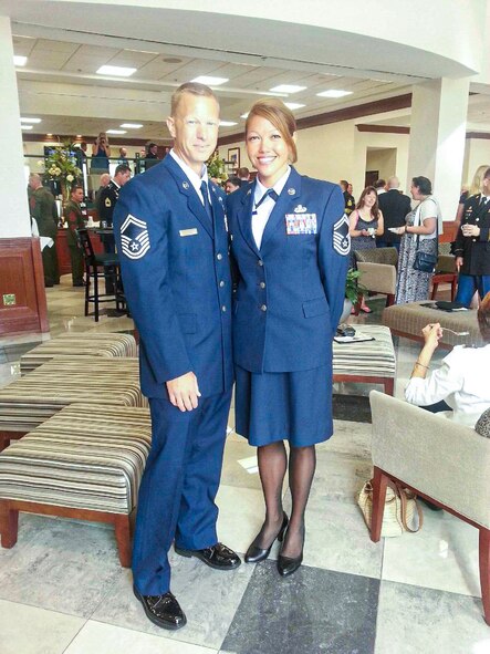 Then U.S. Air Force Senior Master Sgt. John Lokken, the 354th Fighter Wing command chief, poses with spouse, then Senior Master Sgt. Bridget Bruhn, the 354th Communication Squadron superintendent during a Joint Special Operations Forces Senior Enlisted Academy class.