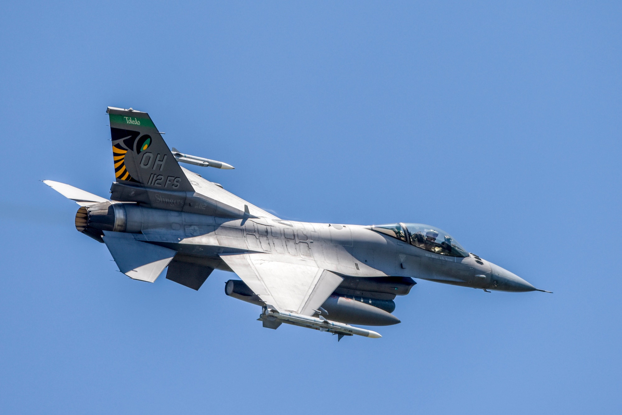 An F-16 Fighting Falcon, assigned to the Ohio National Guard’s 180th Fighter Wing, takes off during a training flight at the 180FW in Swanton, Ohio, June 30, 2020.