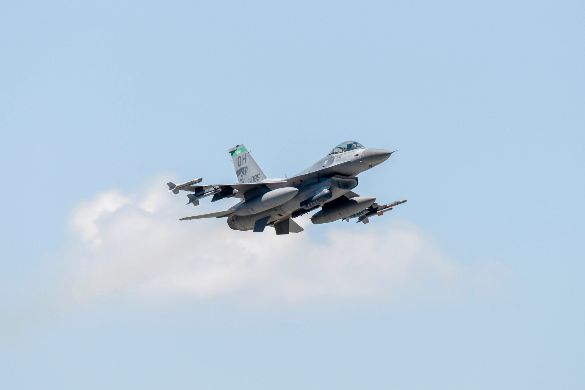 An F-16 Fighting Falcon, assigned to the Ohio National Guard’s 180th Fighter Wing, takes off during a training flight at the 180FW in Swanton, Ohio, June 30, 2020.