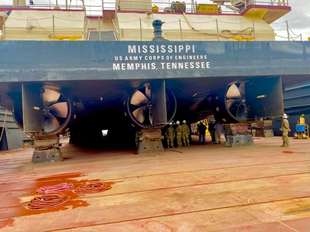 U.S. Army Corps of Engineers Division Deputies were recently in Memphis, Tennessee, for a Deputies Summit and tour of the area. As part of their tour, the group traveled to the Memphis District’s Ensley Engineer Yard to learn about the Mississippi River and Tributaries Regional Channel Improvement Program. Following their briefing, the deputies toured the Motor Vessel Mississippi, spoke with Dredge Hurley Master Adrian Pirani about the previous dredging season, visited with emergency operations staff, and then ended the tour by observing day-to-day operations at the Metals Shop, which is where much of the maintenance and repairing of our Revetment fleet and machinery take place. (USACE photo by Jessica Haas)