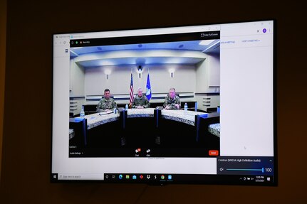 From left, Lt. Gen. Michael Loh, Air National Guard director, Lt. Gen. Timothy Fay, Air Force Director of Staff, and Lt. Gen. Richard Scobee, Air Force Reserve chief, sit together as guest speakers during the virtual Total Force Integration Symposium at the Jacob Smart Conference Center on Joint Base Andrews, Md., March 23, 2021.