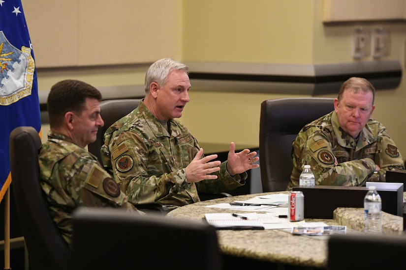 From left, Lt. Gen. Michael Loh, Air National Guard director, Lt. Gen. Timothy Fay, Air Force Director of Staff, and Lt. Gen. Richard Scobee, Air Force Reserve chief, discuss Total Force Integration goals during the virtual TFI Symposium at the Jacob Smart Conference Center on Joint Base Andrews, Md., March 23, 2021.