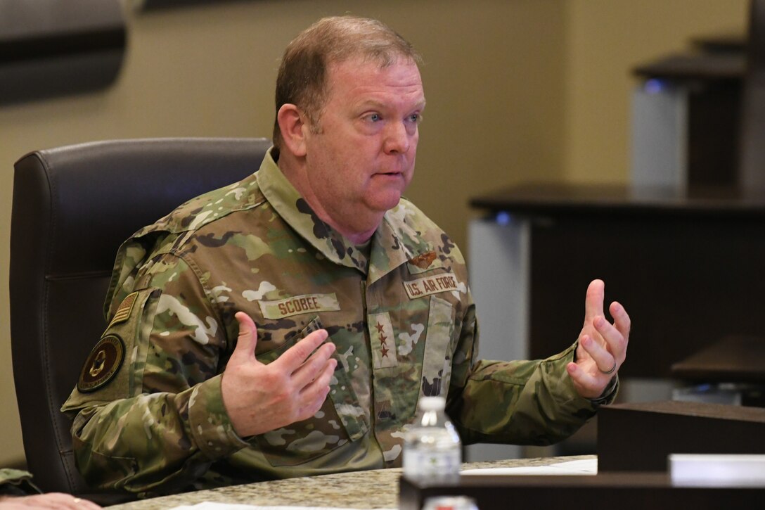 Lt. Gen. Richard Scobee, Air Force Reserve chief, speaks about extremism in the military to service members during the virtual Total Force Integration Symposium, hosted by the Headquarters Air Force Directorate of Total Force Integration, at the Jacob Smart Conference Center on Joint Base Andrews, Md., March 23, 2021.