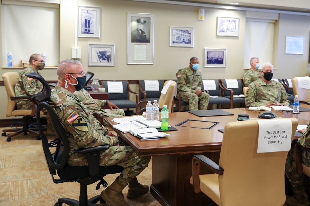 Commanding General of the U.S. Army Civil Affairs and Psychological Operations Command (Airborne), Brig. Gen. Jeffrey C. Coggin, receives the command’s Fiscal Year 2022 Training Brief (YTB) from command teams of USACAPOC(A) subordinate units, March 23 - 26 2021. The FY22 YTB is an annual event hosted by USACAPOC(A) for commanders to brief training concepts, philosophies and challenges during the socially distant, protective measured YTB at the USACAPOC(A) headquarters at Ft. Bragg, N.C.