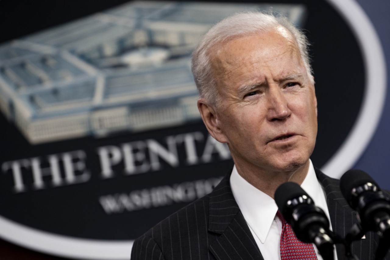 President Joe Biden speaks at the Pentagon.