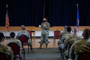 Chief Master Sgt. of the Air Force JoAnne Bass talks with senior noncommissioned officers during her visit to Beale Air Force Base.