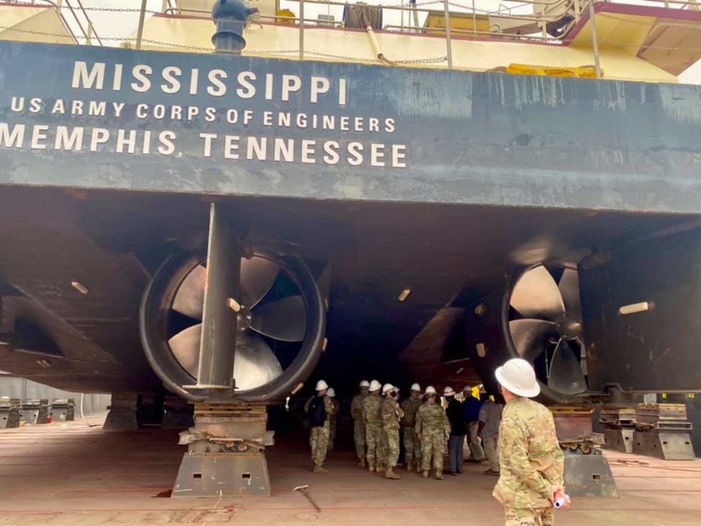 U.S. Army Corps of Engineers Division Deputies were recently in Memphis, Tennessee, for a Deputies Summit and tour of the area. As part of their tour, the group traveled to the Memphis District’s Ensley Engineer Yard to learn about the Mississippi River and Tributaries Regional Channel Improvement Program. Following their briefing, the deputies toured the Motor Vessel Mississippi, spoke with Dredge Hurley Master Adrian Pirani about the previous dredging season, visited with emergency operations staff, and then ended the tour by observing day-to-day operations at the Metals Shop, which is where much of the maintenance and repairing of our Revetment fleet and machinery take place. (USACE photo by Jessica Haas)