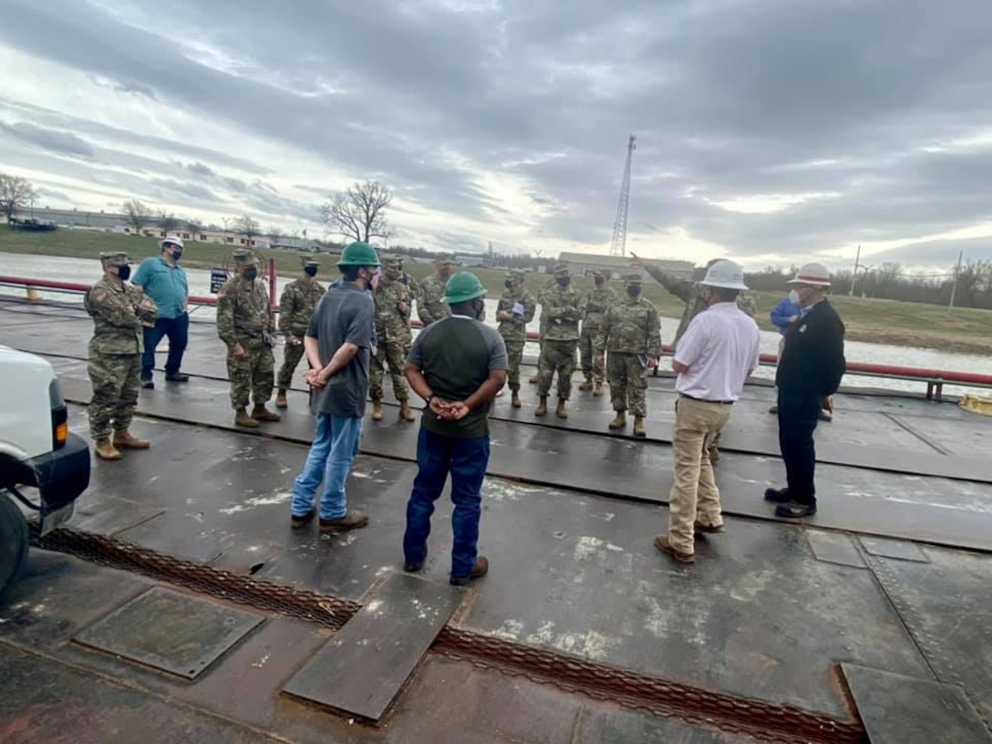 U.S. Army Corps of Engineers Division Deputies were recently in Memphis, Tennessee, for a Deputies Summit and tour of the area. As part of their tour, the group traveled to the Memphis District’s Ensley Engineer Yard to learn about the Mississippi River and Tributaries Regional Channel Improvement Program. Following their briefing, the deputies toured the Motor Vessel Mississippi, spoke with Dredge Hurley Master Adrian Pirani about the previous dredging season, visited with emergency operations staff, and then ended the tour by observing day-to-day operations at the Metals Shop, which is where much of the maintenance and repairing of our Revetment fleet and machinery take place. (USACE photo by Jessica Haas)