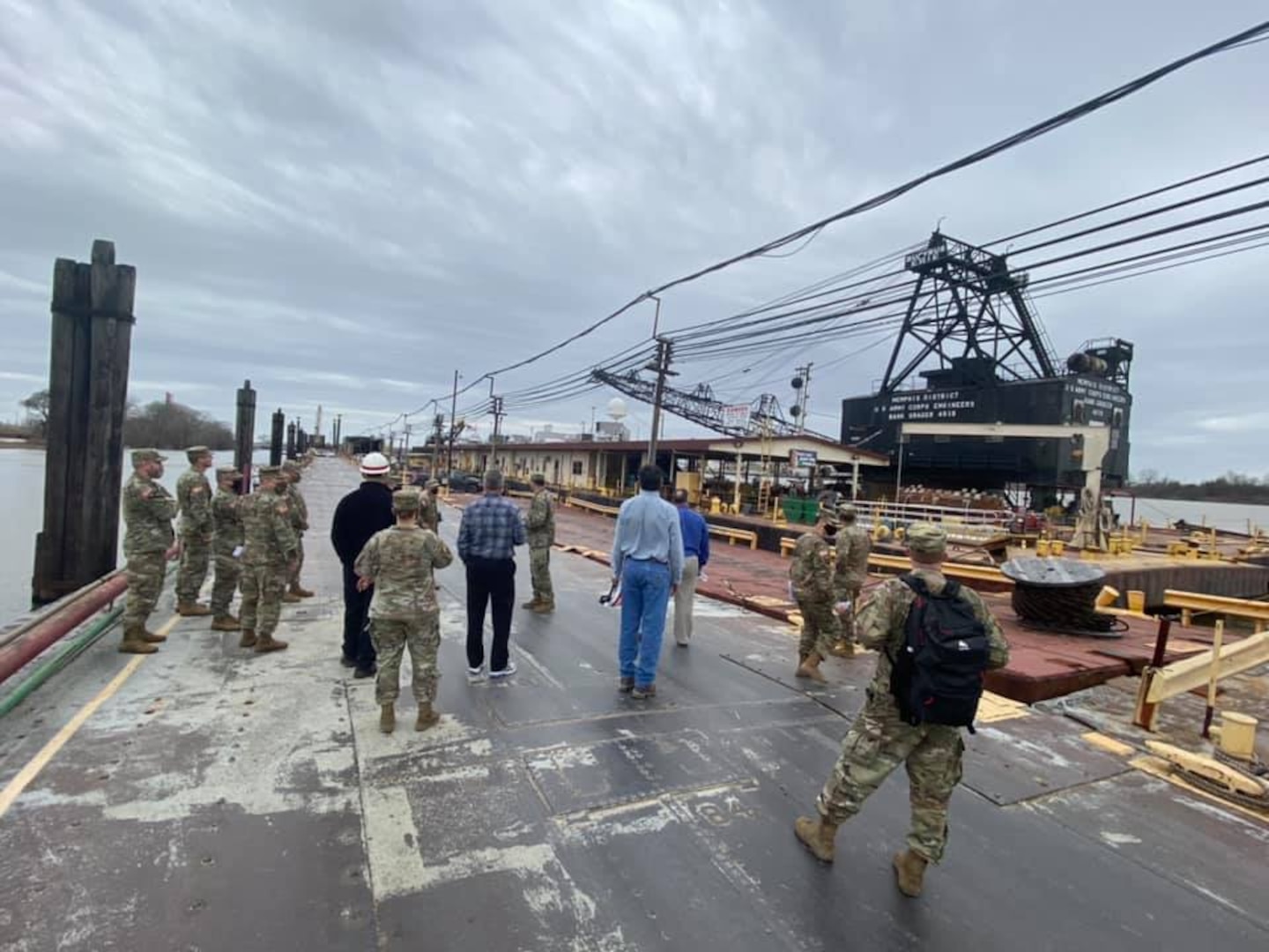 U.S. Army Corps of Engineers Division Deputies were recently in Memphis, Tennessee, for a Deputies Summit and tour of the area. As part of their tour, the group traveled to the Memphis District’s Ensley Engineer Yard to learn about the Mississippi River and Tributaries Regional Channel Improvement Program. Following their briefing, the deputies toured the Motor Vessel Mississippi, spoke with Dredge Hurley Master Adrian Pirani about the previous dredging season, visited with emergency operations staff, and then ended the tour by observing day-to-day operations at the Metals Shop, which is where much of the maintenance and repairing of our Revetment fleet and machinery take place. (USACE photo by Jessica Haas)