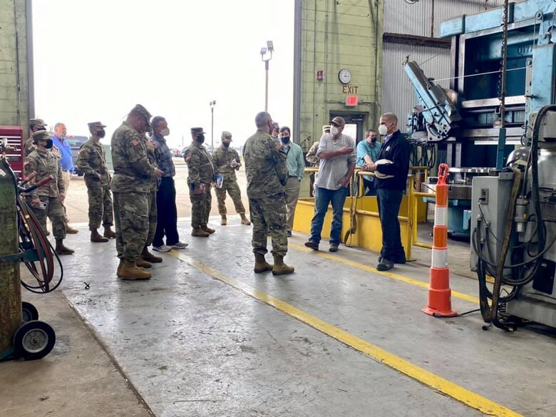 U.S. Army Corps of Engineers Division Deputies were recently in Memphis, Tennessee, for a Deputies Summit and tour of the area. As part of their tour, the group traveled to the Memphis District’s Ensley Engineer Yard to learn about the Mississippi River and Tributaries Regional Channel Improvement Program. Following their briefing, the deputies toured the Motor Vessel Mississippi, spoke with Dredge Hurley Master Adrian Pirani about the previous dredging season, visited with emergency operations staff, and then ended the tour by observing day-to-day operations at the Metals Shop, which is where much of the maintenance and repairing of our Revetment fleet and machinery take place. (USACE photo by Jessica Haas)