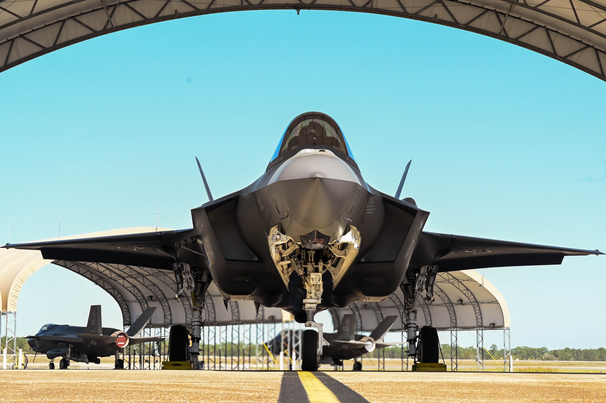 F-35 prepares to taxi onto runway.