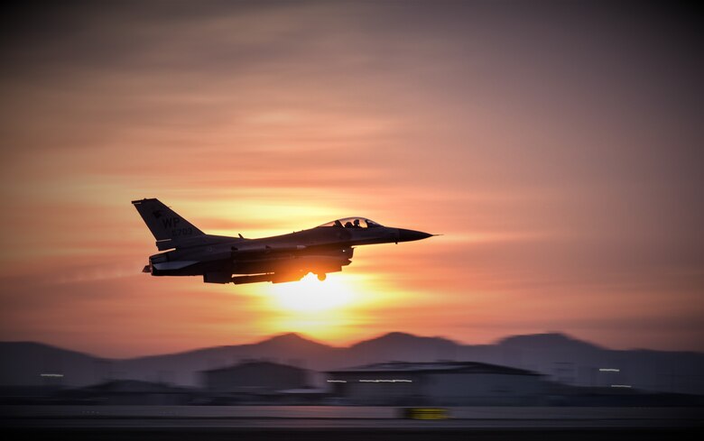 An 8th Fighter Wing F-16 Fighting Falcon takes off during a routine training event at Kunsan Air Base, Republic of Korea, March 24, 2021. The F-16 Fighting Falcon is a compact, multi-role fighter aircraft that is highly maneuverable in air-to-air combat and air-to-surface attack. It can reach top speeds of 1,500 mph and can reach altitudes of more than 50,000 feet. (U.S. Air Force photo by Tech. Sgt. Kristin S. High)