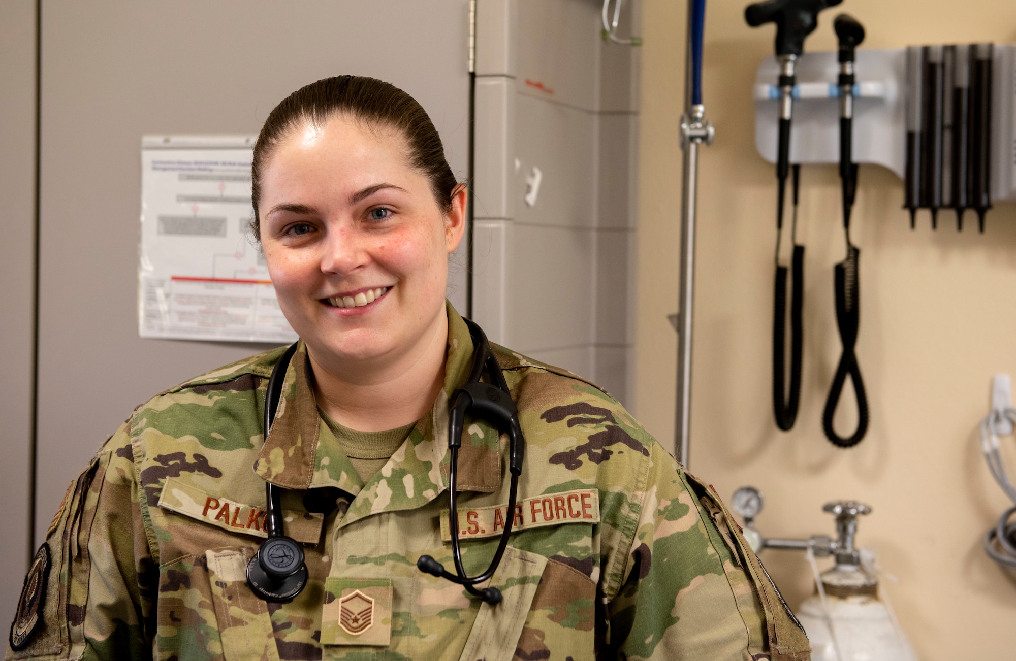 Master Sgt. Nicole Palko, 702nd Munitions Maintenance Squadron independent duty medical technician, poses for a picture at Buechel Air Base, Germany, February 25, 2021. IDMTs are uniquely qualified in several medical specialties in order to operate independently in remote locations. (U.S. Air Force photo by Capt. Erin Recanzone)