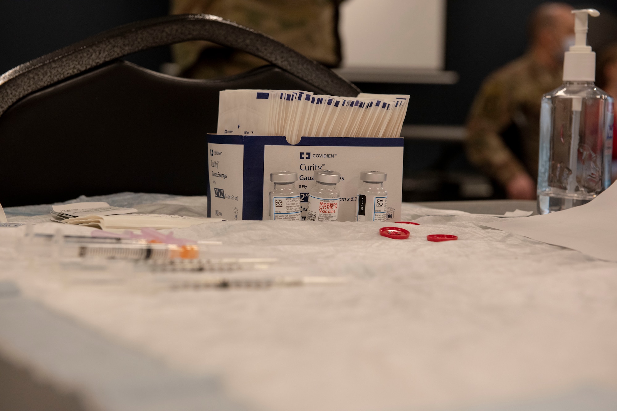 COVID-19 vaccines lay ready to be administered to members of the 701st Munitions Maintenance Squadron at Kleine Brogel Air Base, Belgium, March 19, 2021. To date, the independent duty medical technician assigned to the 701st MUNSS has been able to offer the COVID-19 vaccine to 100% of active duty service members and their dependents over the age of 18. (U.S. Air Force photo by Capt. Erin Recanzone)